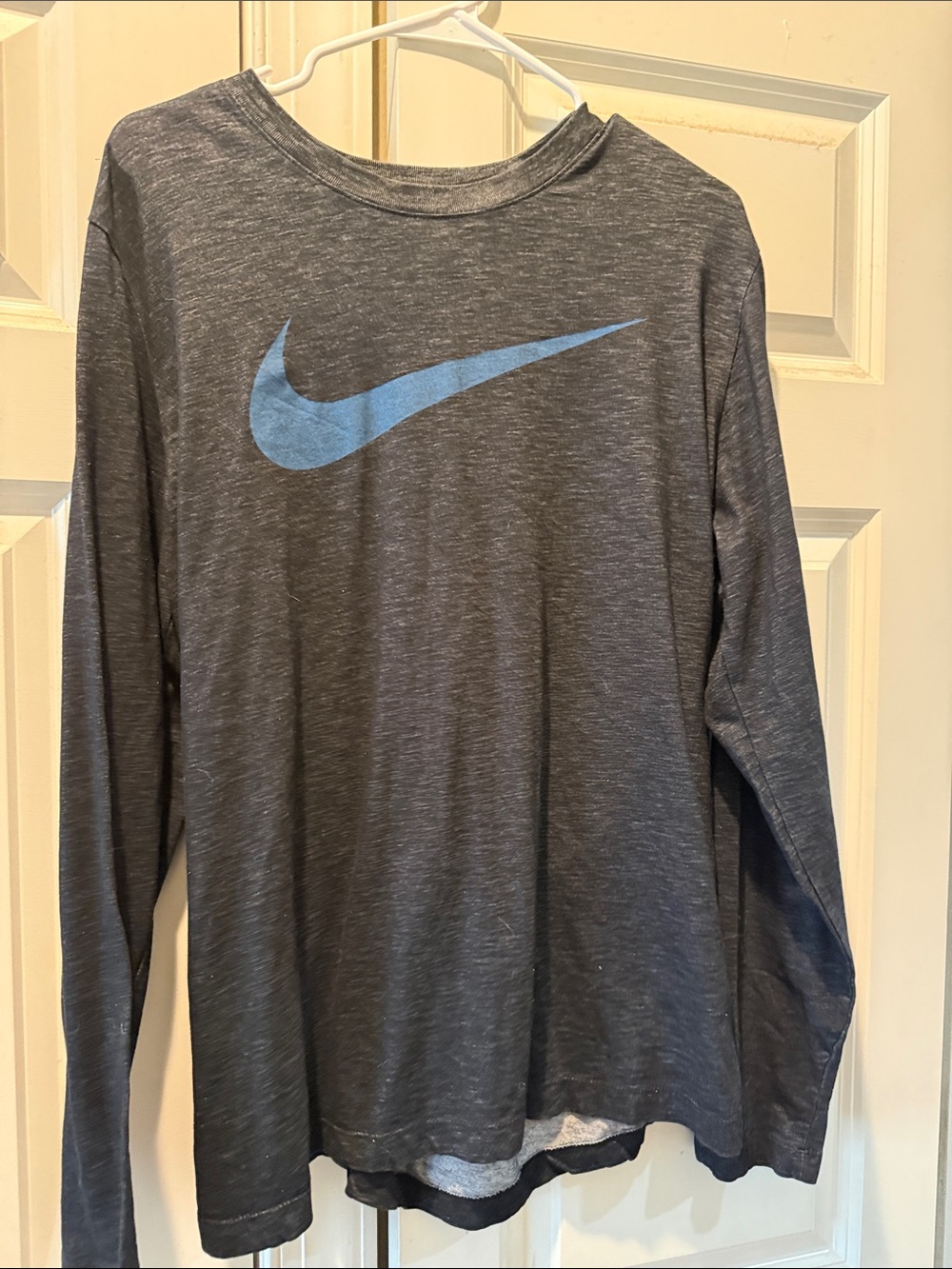 Nike Long-Sleeve Heather Gray Tee with Light Blue Swoosh